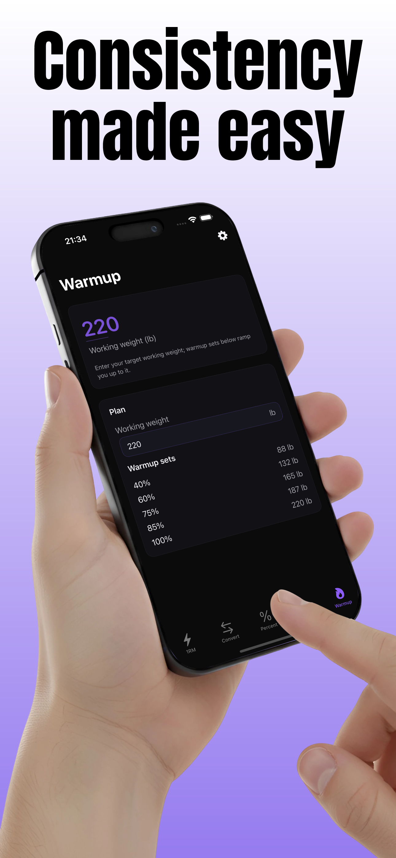 GymCalc warm-up flow