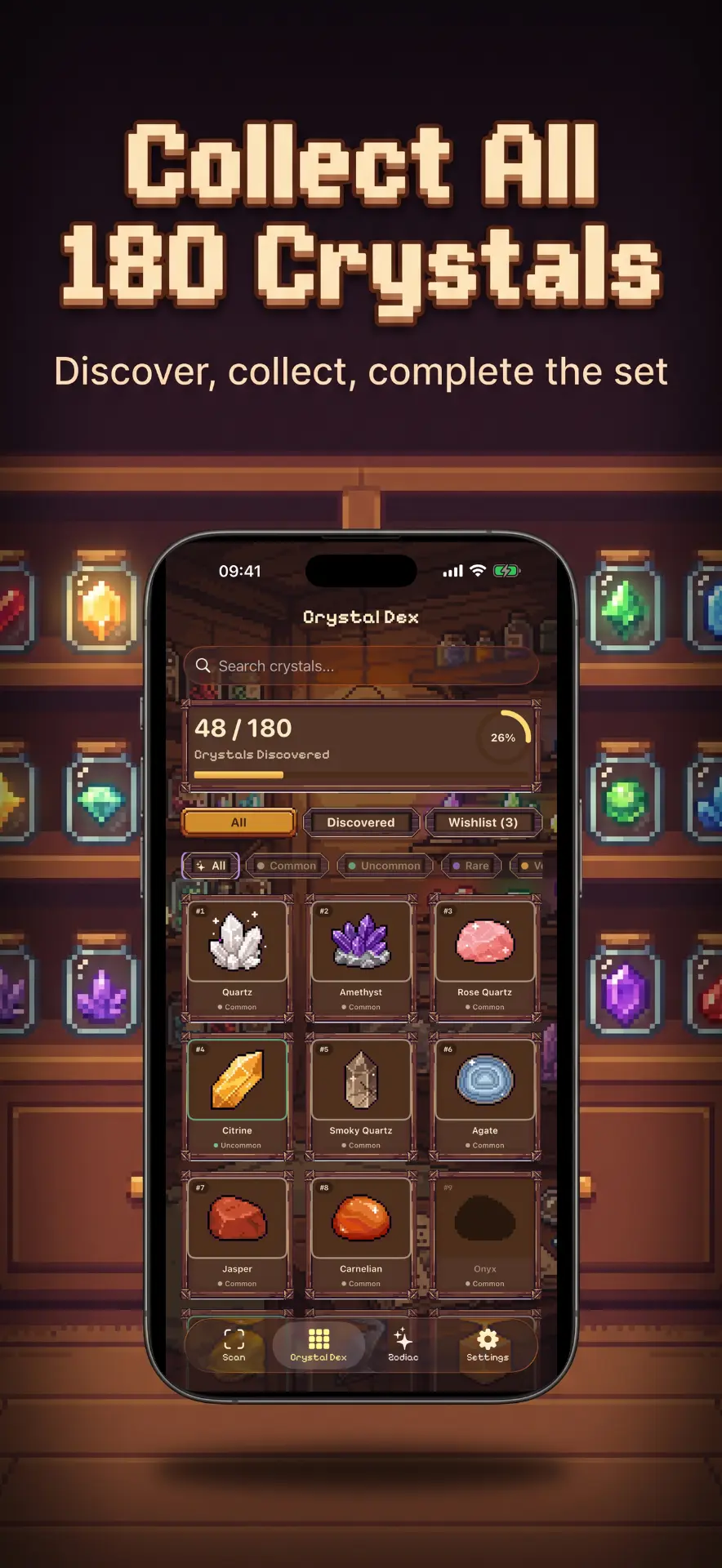 Crystal Dex collection grid showing discovered crystals and rarity