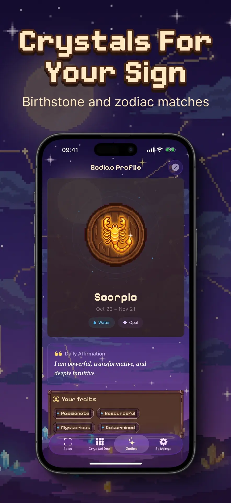 Zodiac profile for Scorpio with daily affirmation and traits