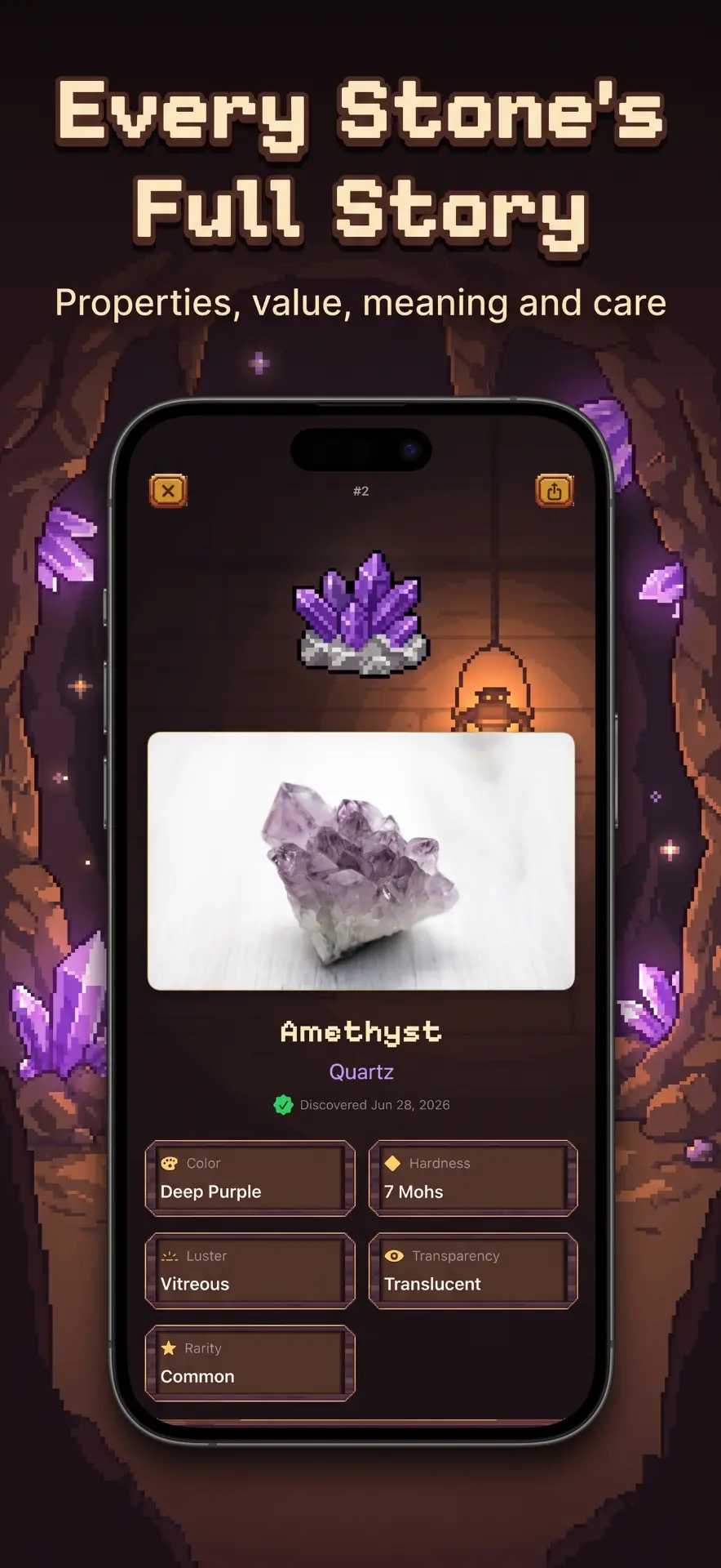 Amethyst detail screen with color, hardness, luster, and rarity