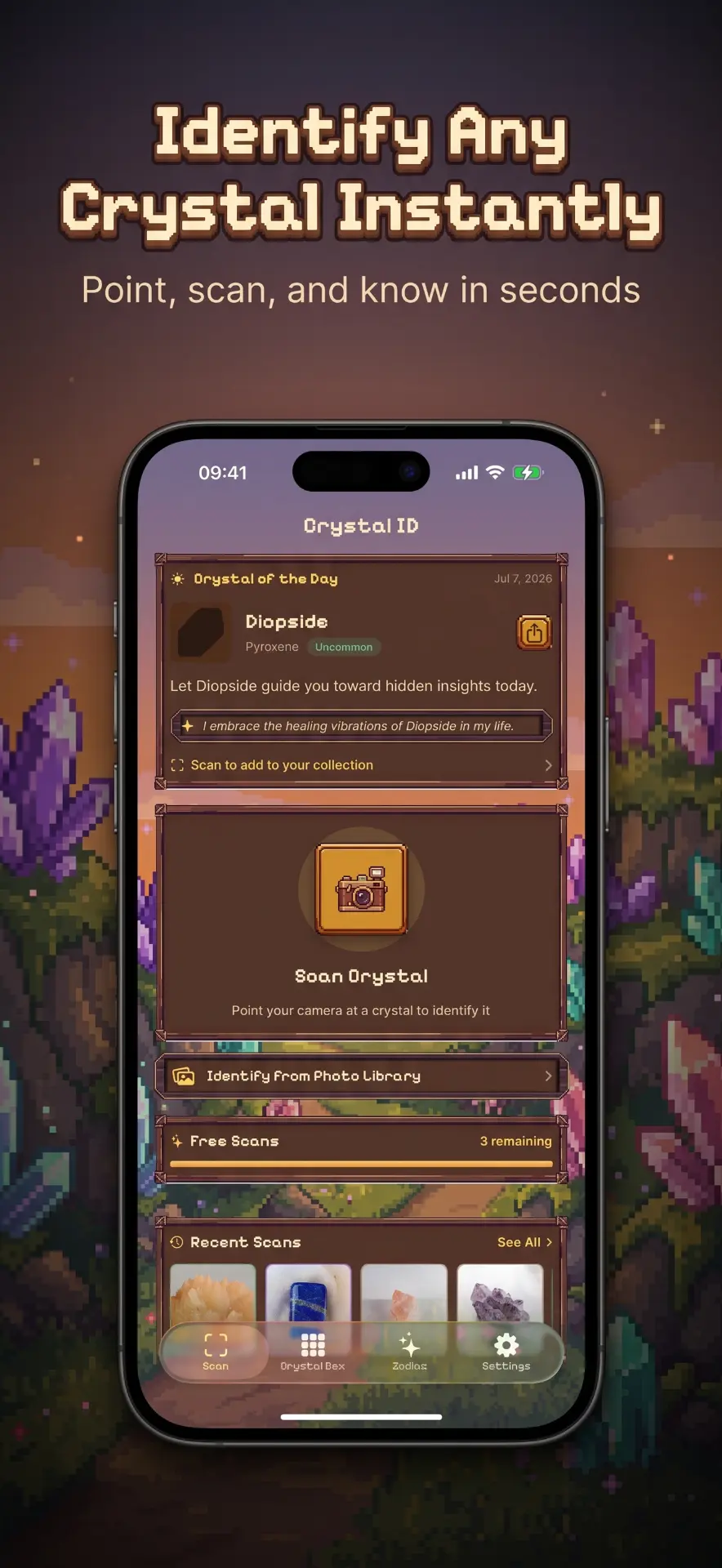 Crystal ID home screen with Crystal of the Day and Scan Crystal button