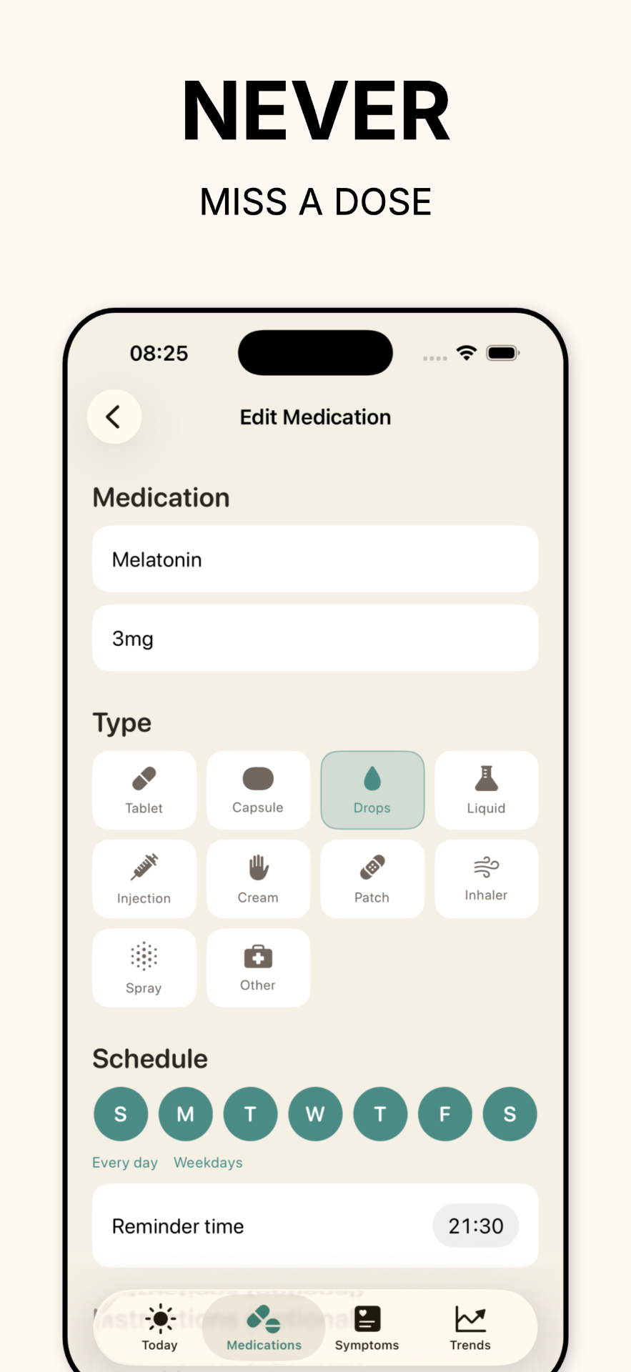 Edit medication with dosage, type, and schedule