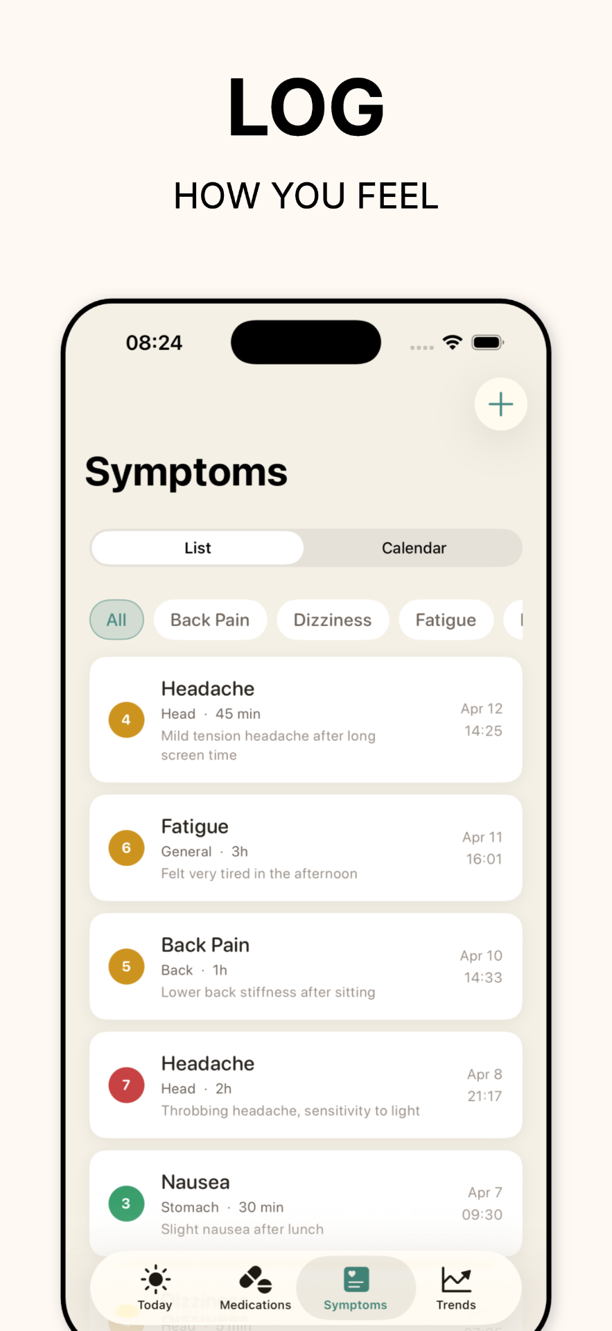 Symptoms list with severity and notes