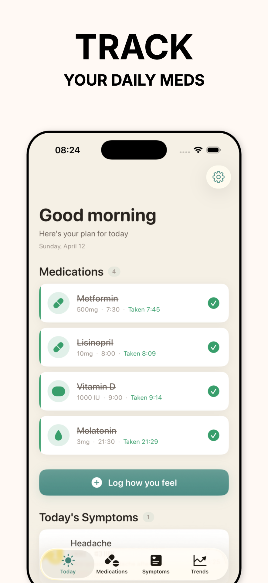 Today view with daily medications and symptom logging